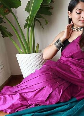 pink cotton blend colourblocked saree 3