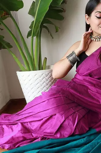 pink cotton blend colourblocked saree