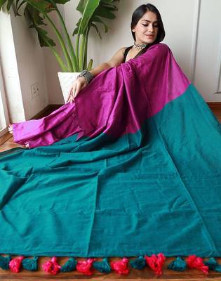 pink cotton blend colourblocked saree 4