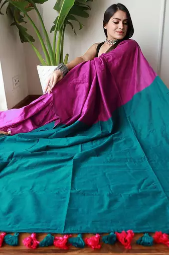pink cotton blend colourblocked saree