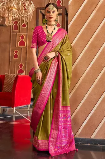 Olive ethnic motifs woven design zari  patola saree