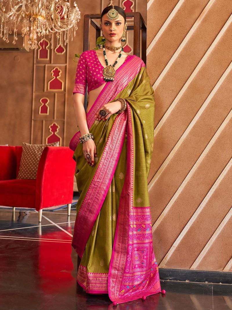 Olive ethnic motifs woven design zari  patola saree