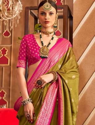 Olive ethnic motifs woven design zari  patola saree 2