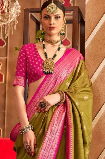Olive ethnic motifs woven design zari  patola saree