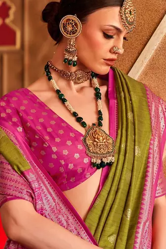 Olive ethnic motifs woven design zari  patola saree