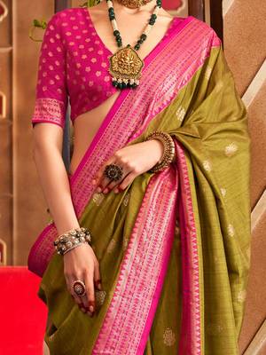 Olive ethnic motifs woven design zari  patola saree 4
