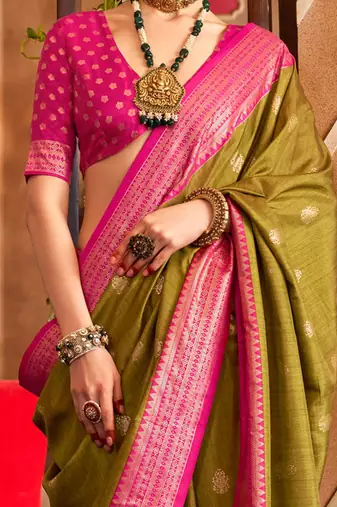 Olive ethnic motifs woven design zari  patola saree