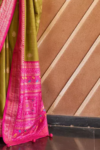 Olive ethnic motifs woven design zari  patola saree