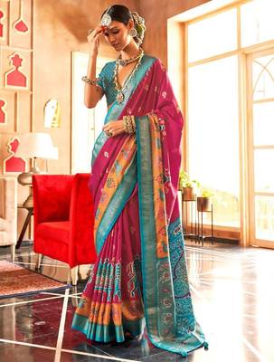 Pink woven design ethnic motifs zari patola saree 1