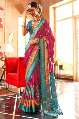 Pink woven design ethnic motifs zari patola saree