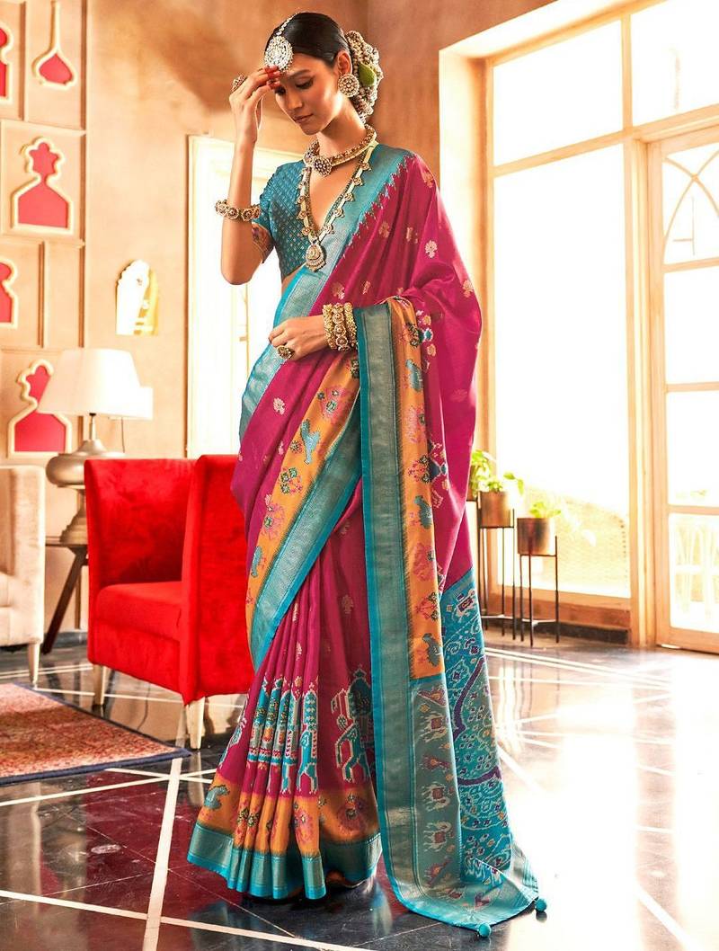 Pink woven design ethnic motifs zari patola saree