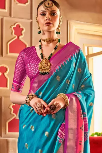 Blue ethnic motifs woven design zari  patola saree