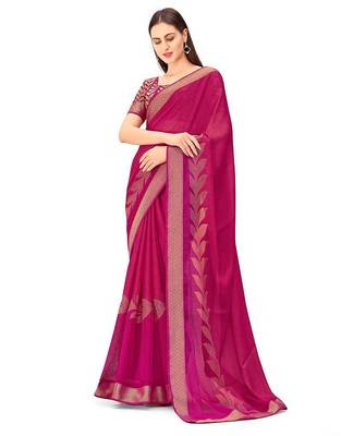pink floral printed zari chiffon saree 1