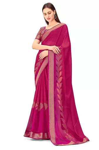 pink floral printed zari chiffon saree