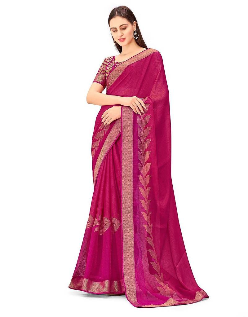 pink floral printed zari chiffon saree