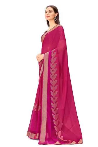 pink floral printed zari chiffon saree