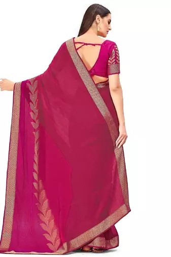 pink floral printed zari chiffon saree
