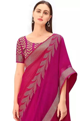 pink floral printed zari chiffon saree