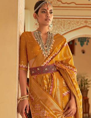 Mustard geometric silk blend ikat saree 3
