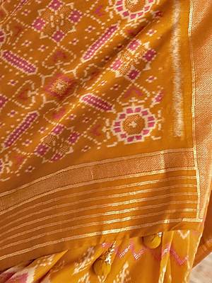Mustard geometric silk blend ikat saree 4