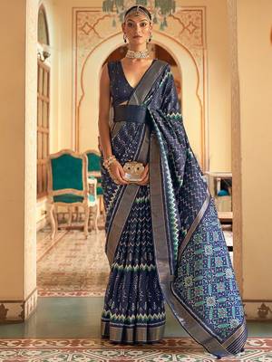 Navy blue ethnic motifs printed ikat saree 1