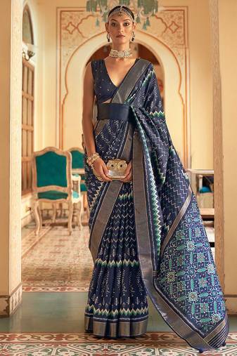 Navy blue ethnic motifs printed ikat saree