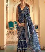 Navy blue ethnic motifs printed ikat saree