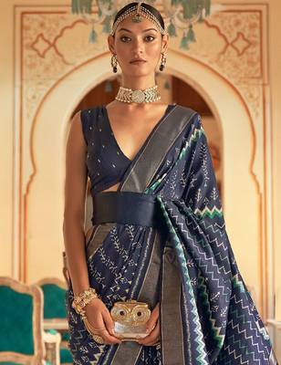 Navy blue ethnic motifs printed ikat saree 2