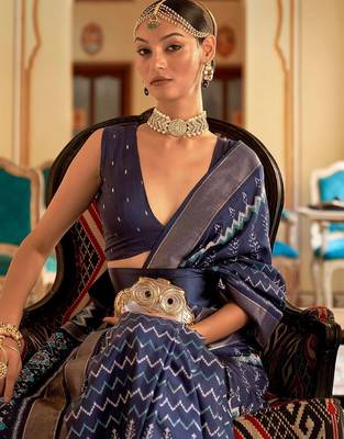 Navy blue ethnic motifs printed ikat saree 3