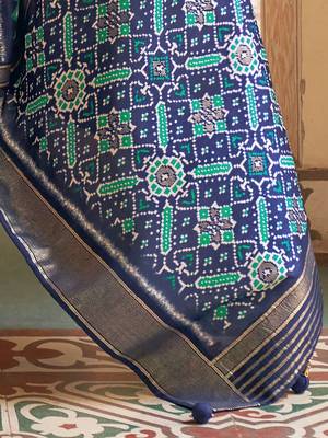 Navy blue ethnic motifs printed ikat saree 4