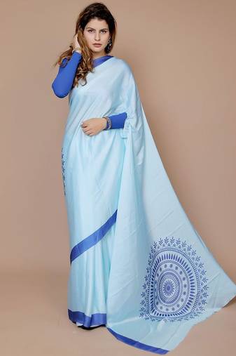 blue floral satin designer freehand saree