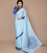 blue floral satin designer freehand saree