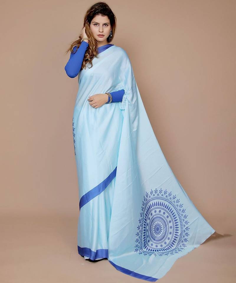 blue floral satin designer freehand saree