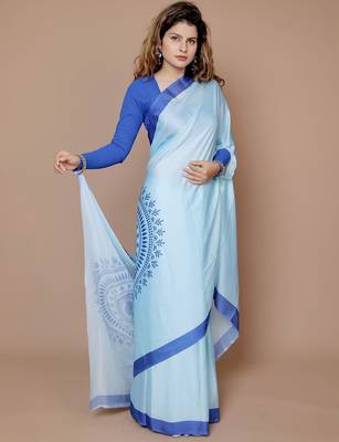 blue floral satin designer freehand saree 2