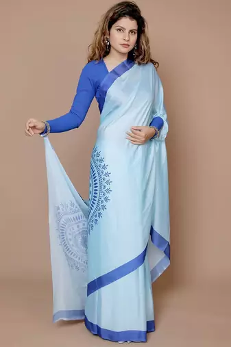 blue floral satin designer freehand saree