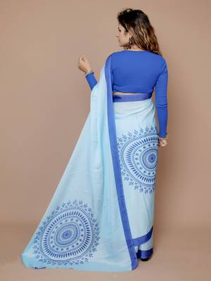 blue floral satin designer freehand saree 3