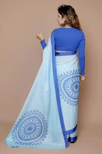 blue floral satin designer freehand saree