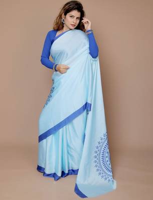blue floral satin designer freehand saree 4