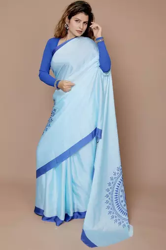 blue floral satin designer freehand saree