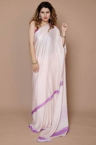 cream ethnic motifs printed satin saree