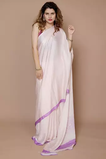 cream ethnic motifs printed satin saree