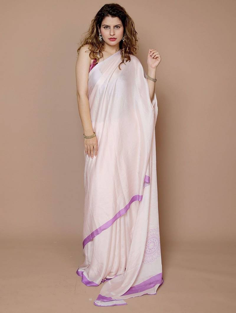 cream ethnic motifs printed satin saree