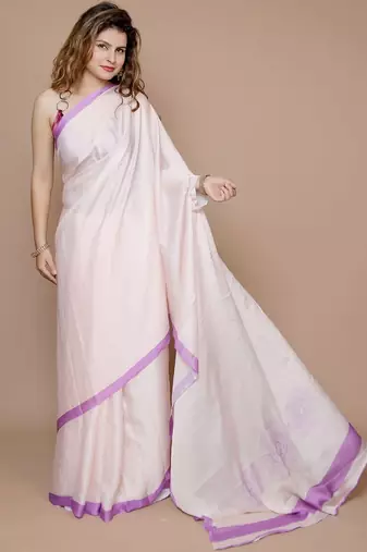 cream ethnic motifs printed satin saree