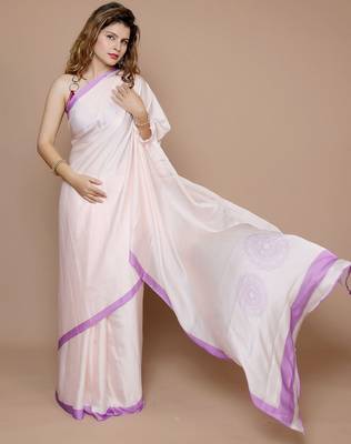 cream ethnic motifs printed satin saree 4