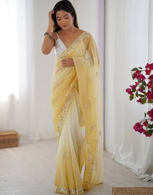 yellow embellished beads and stones chiffon saree 1