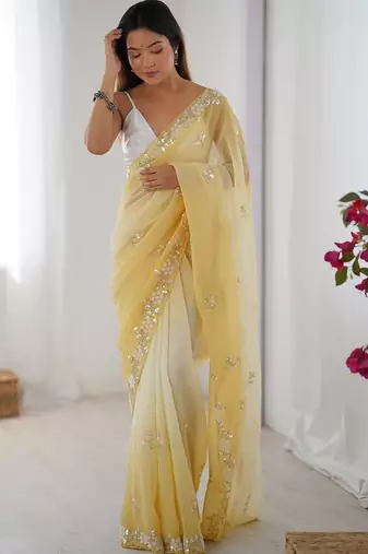 yellow embellished beads and stones chiffon saree
