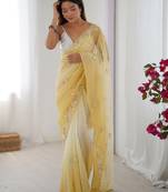 yellow embellished beads and stones chiffon saree