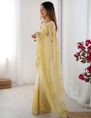 yellow embellished beads and stones chiffon saree 2