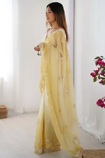 yellow embellished beads and stones chiffon saree