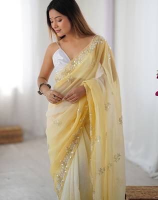 yellow embellished beads and stones chiffon saree 3